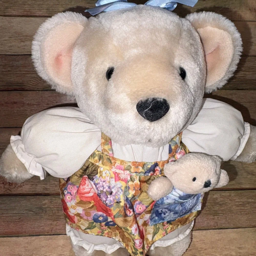 Floral Jumper Mother and Cub Plush Toy Vintage Unisex Small Cream Hallmark